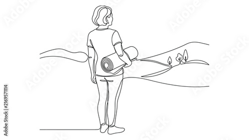 Continuous line drawing of a woman holding a rolled yoga mat.