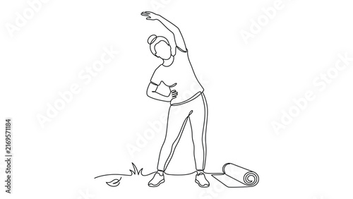 Continuous one line drawing of a woman doing yoga stretching exercises.