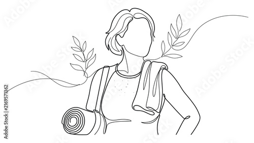 Continuous line art of a woman holding a yoga mat with decorative leaves.