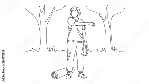 Continuous line drawing of a person stretching before a workout in nature.