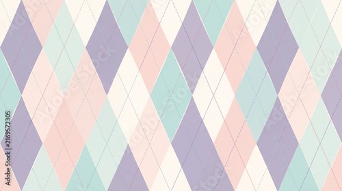 Argyle pattern background features pastel geometric diamond shapes in purple, mint green, and pink.