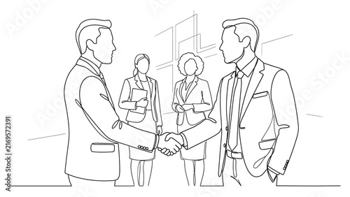 Businessmen Shaking Hands During Professional Meeting Line Art Illustration.