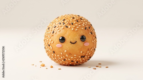 Sesame seed ball rests on a clean light surface featuring a friendly cartoon face and crumbs.