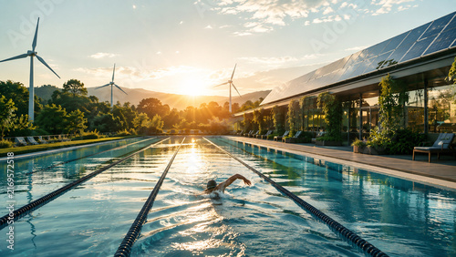 A swimmer glides through a lap pool at golden hour, framed by wind turbines and a solar-powered eco resort building nestled among green hills.