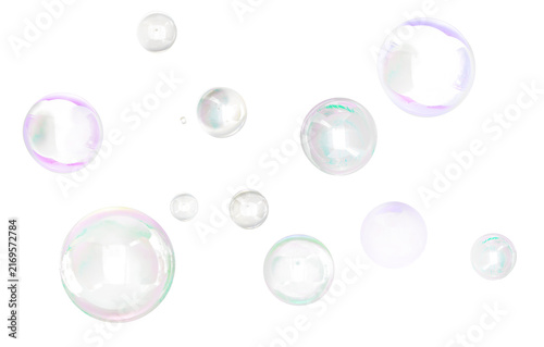Colorful floating soap bubbles on transparent background with glossy reflections and iridescent hues, ideal for overlay