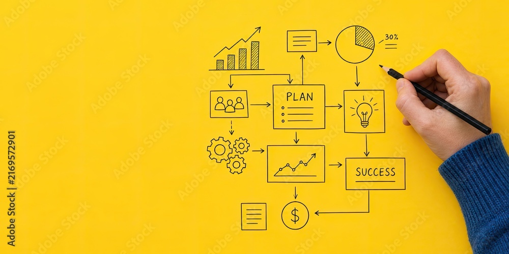 Obraz premium Person sketching business planning mind map on yellow background showing success strategy with icons of gears teamwork financial charts and light bulb.