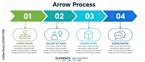 Arrow process infographic design with four colorful steps in green blue and cyan gradients for business presentation planning data visualization and management.