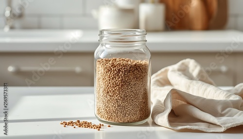 Glass Jar Filled with Dried Grains on White Kitchen Counter with Linen Cloth