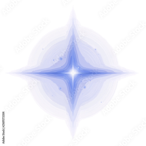 Glowing four point star with blue and purple light rays isolated on a transparent background