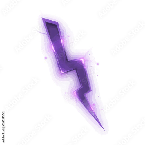 Purple electric lightning bolt with glowing particles isolated on a transparent background