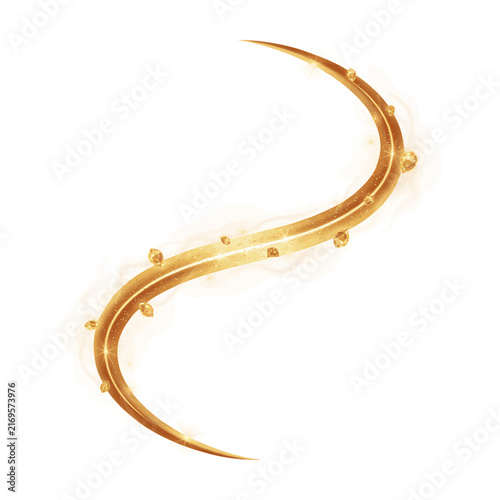 Golden curved light trail with sparkling particles isolated on a transparent background