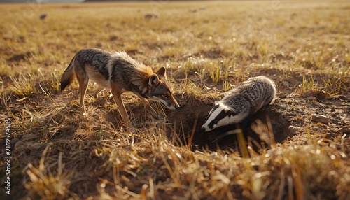 Coyote and Badger Cooperating During Joint Hunting in Open Grassland