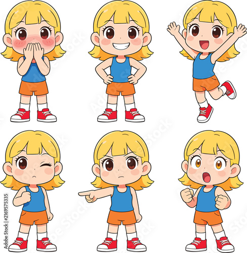 Set of cute blonde girl character in different emotional poses and expressions