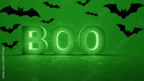 3D Boo Text Animation with Glowing Light Effect and Flying Bats for Halloween Celebration Background Motion Graphic