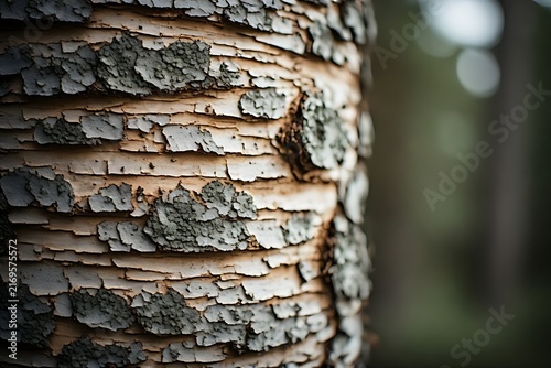 IA generated Scandinavian birch bark texture with lichen. Eco-friendly packaging raw material background with soft northern light.
