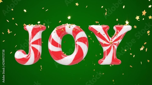 3D Candy Cane Typography Spelling Joy Against a Green Background with Falling Gold Stars