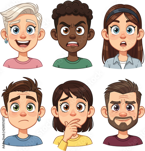 Set of diverse human cartoon character portraits with various emotions