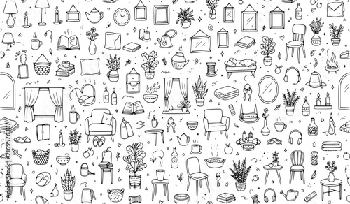 Cozy Home Decor and Interior Seamless Pattern - Hand-Drawn Furniture and Houseplants Line Art Background