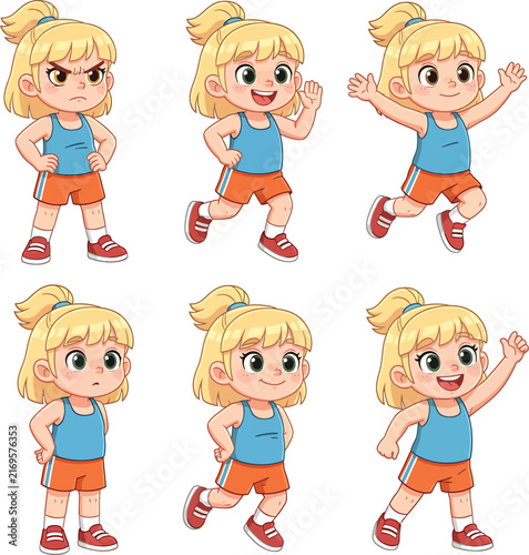 Set of six cute cartoon girl characters expressing different emotions