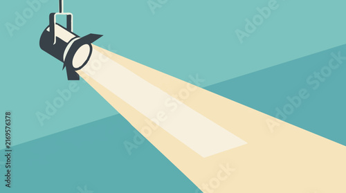 Minimalist spotlight illustration with bright light beam on blue background