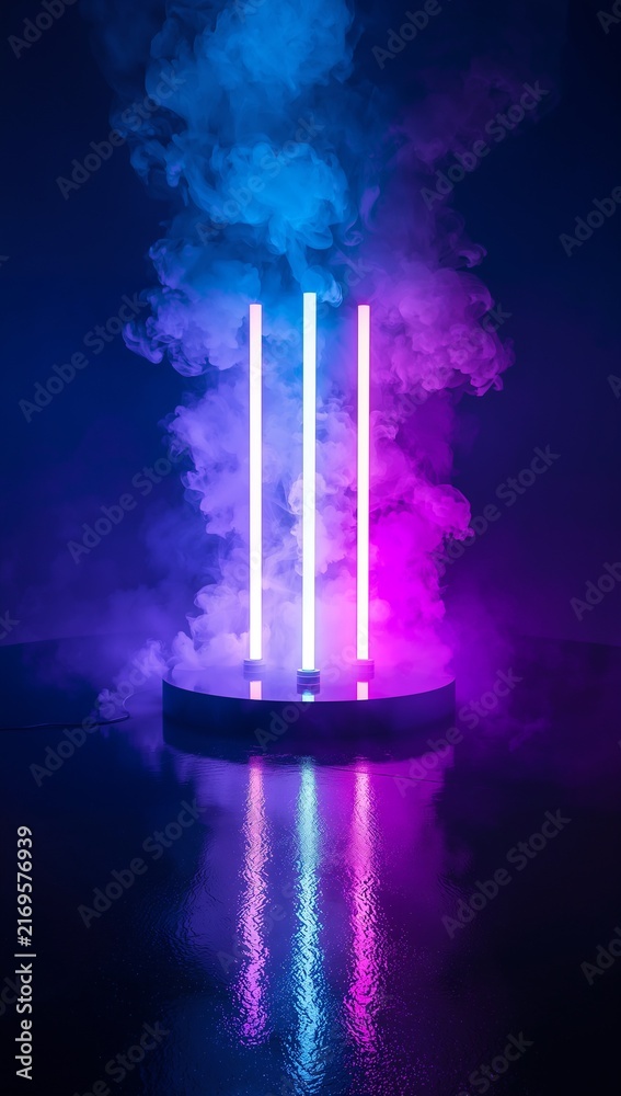 Obraz premium Glowing neon light tubes surrounded by vibrant blue and magenta smoke, creating a futuristic atmospheric composition.