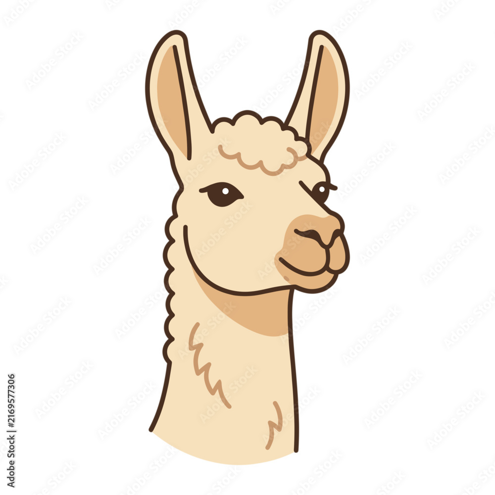 Naklejka premium Cute Llama Portrait With Long Neck Flat Line Art Illustration