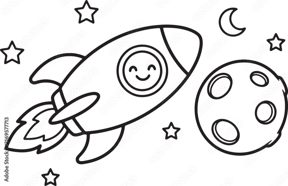 Fototapeta premium Black and white line of a smiling ghost with stars and moon smile