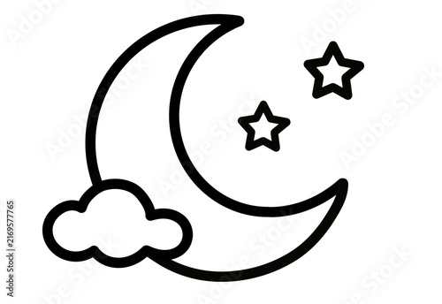 Black outline crescent moon with stars and cloud transparent background