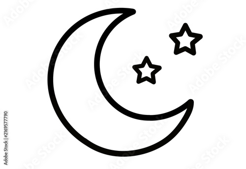 Black outline crescent moon with stars night icon transparent background