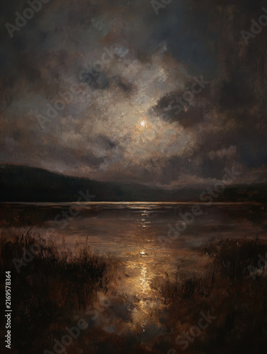 Atmospheric Moonlight over Still Lake, Oil Painting with Dark Clouds.