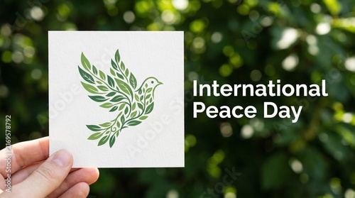 A hand holding a white card featuring a green leaf dove illustration with the text international peace day against a blurred garden background