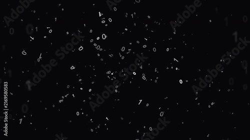 Abstract 4K kinetic typography animation featuring glowing binary digits 0 and 1 traveling along varied curved paths across a dark background. Ideal for technology, coding, programming, data.