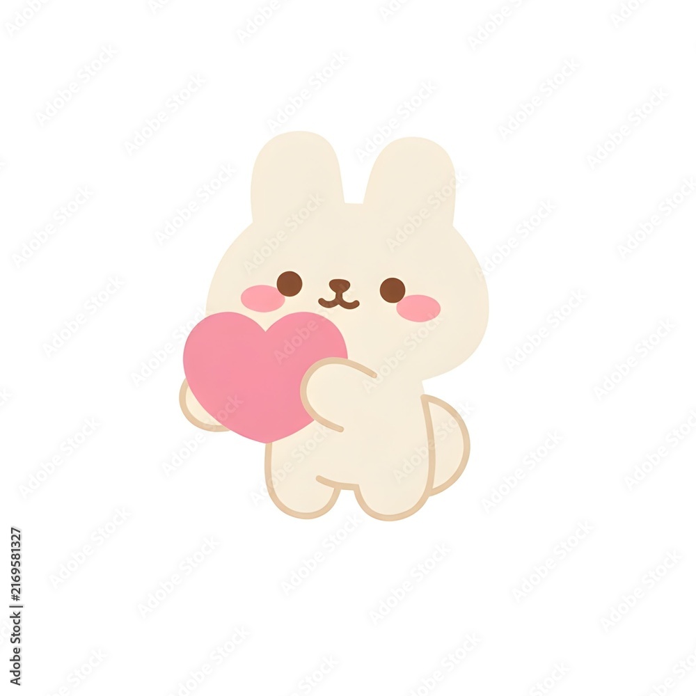 Fototapeta premium Cute Cartoon Bunny Holding a Pink Heart Adorable Kawaii Rabbit Character