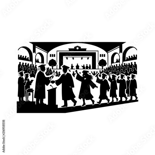 Graduates receiving diplomas stage silhouette illustration