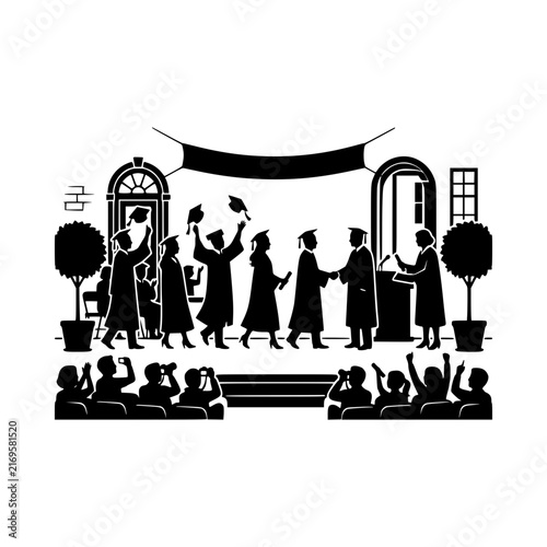 Graduates celebrating diploma reception silhouette illustration