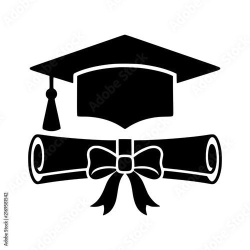Graduation cap and diploma ribbon silhouette vector illustration