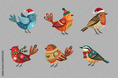 A collection of six colorful stylized decorative birds wearing festive winter accessories, including Santa hats, knitted hats, and scarves. The birds, arranged in two rows on a gray background.