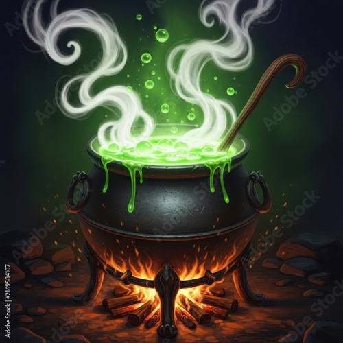 Green potion boiling in a cauldron with fire underneath