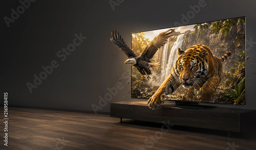 Ultra HD smart TV advertisement with immersive 3D wildlife extending beyond the screen