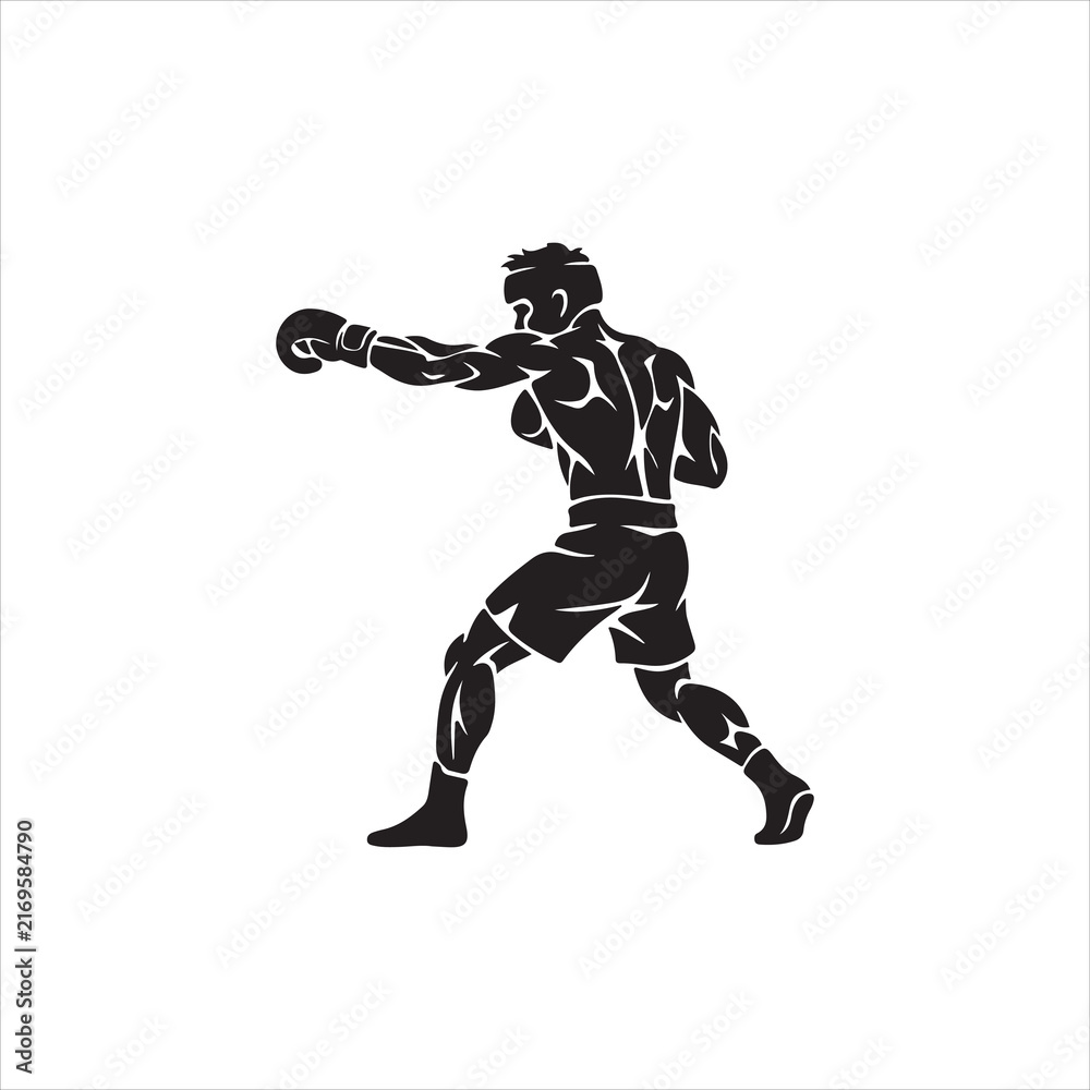 Fototapeta premium Boxer Punching Forward Silhouette, Male Fighter Combat Sports Vector