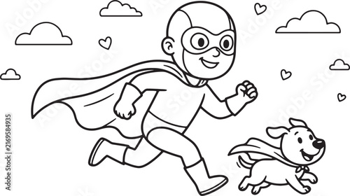 Cartoon boy running with dog in playful outdoor scene grass