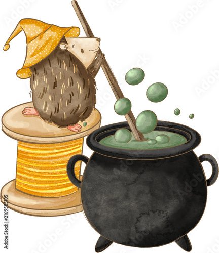 hedhehog Witch Brewing Potion in Cauldron Halloween Nursery Illustration