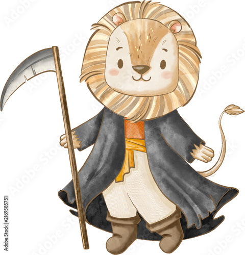 Lion Grim Reaper Carrying Scythe Halloween Woodland Illustration