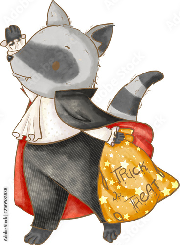 Raccoon in Vampire Costume Carrying Pumpkin Basket Halloween Illustration
