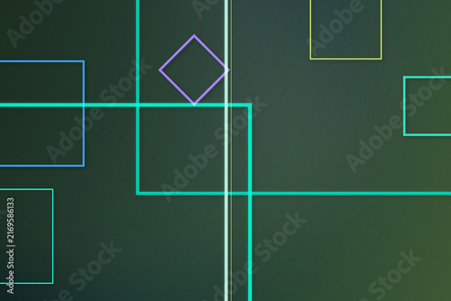 Obraz na plátně Glowing intersecting squares and rectangles create a futuristic abstract design in teal, blue, purple, and lime over a dark green surface, ideal for modern digital layouts