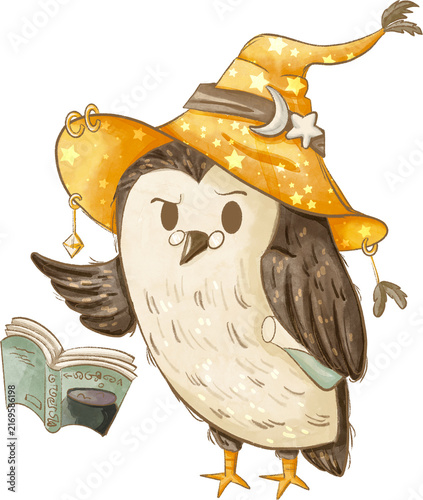 Owl Witch with Pointed Hat Reading a Spell Book Halloween Illustration