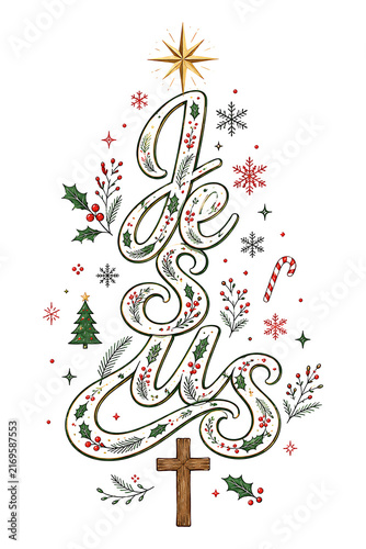 Jesus Christian Christmas Tree Typography with Cross Holly Snowflakes and Star