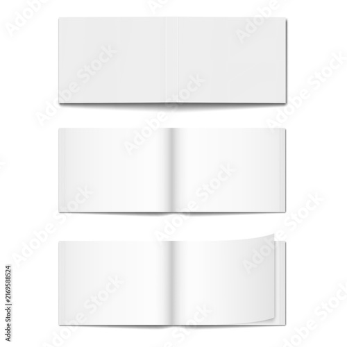 Open horizontal paperback book. Spread, front and back cover. Vector 3d mockup. Blank softcover brochure, booklet, catalog, magazine. Realistic mock-up. Template for design