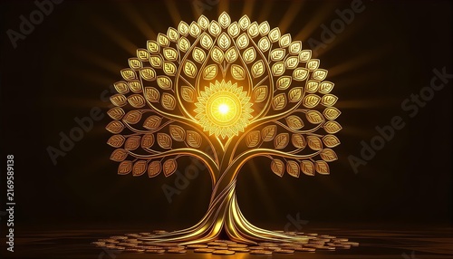 Majestic Golden Money Tree with Divine Sunlight and Bokeh Effect