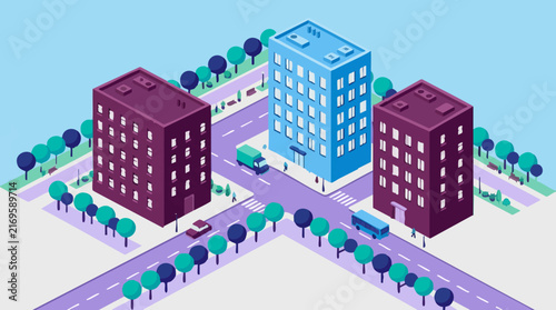 Isometric urban city scene with buildings, roads, vehicles, and people
